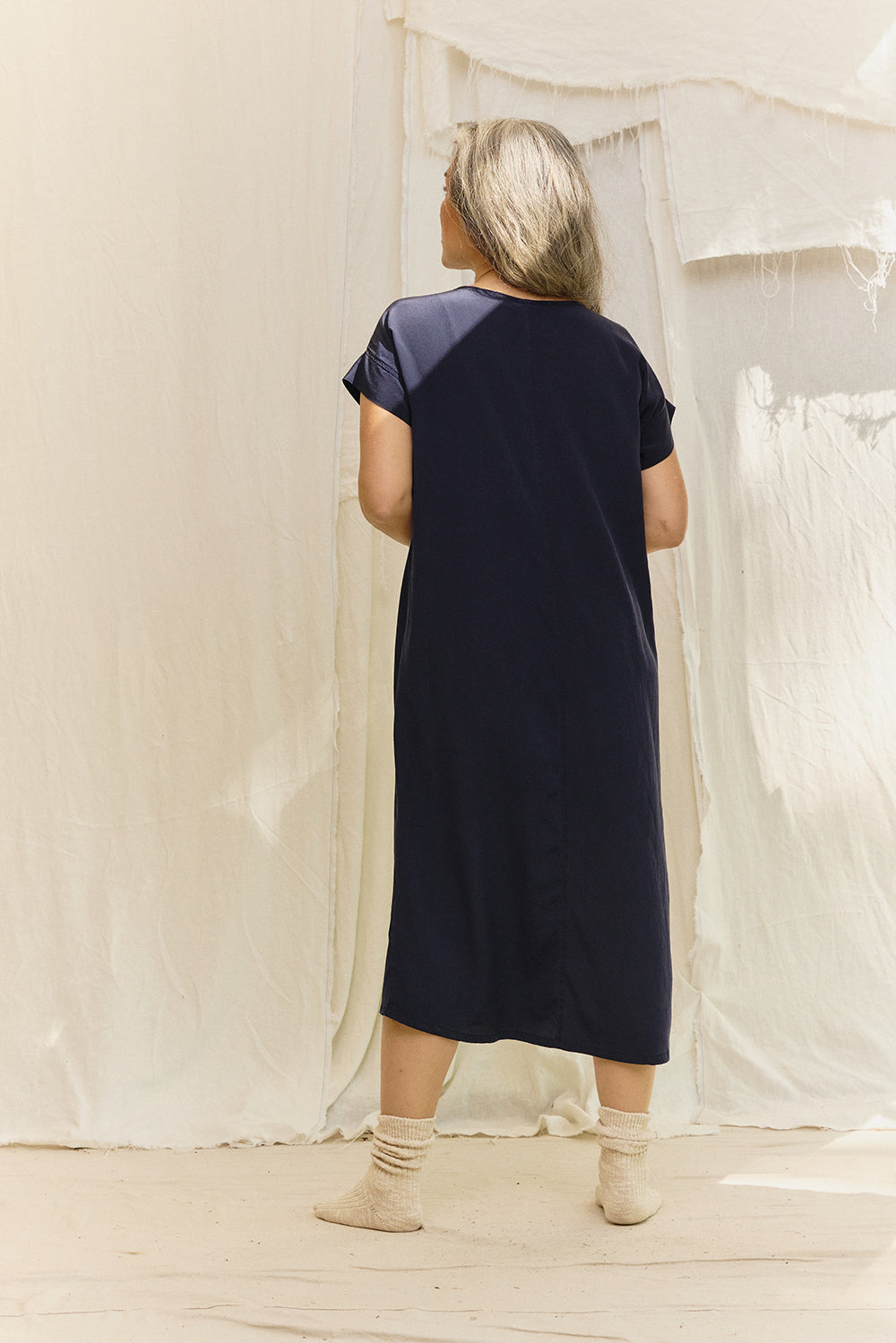 Georgia Midi in Silk Crepe, Navy, Size S/M | Ready to Ship