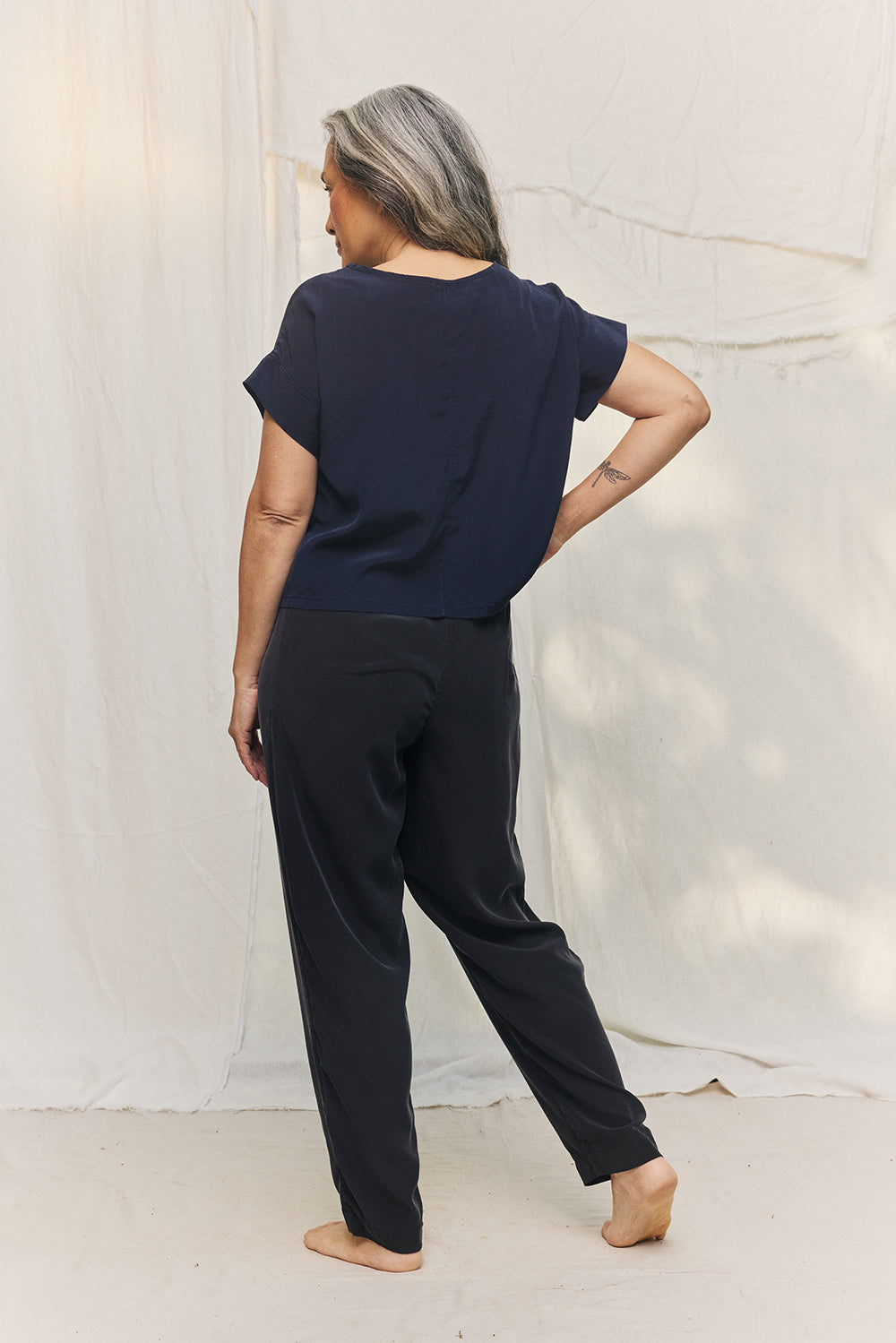 Georgia Tee in Silk Crepe, Navy, Size S/M | Ready to Ship